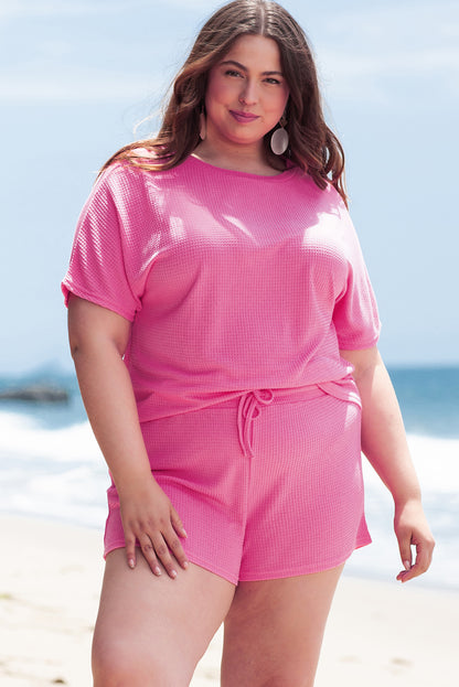 Solid Waffle Knit Plus Size Two Piece Set | Rose Red