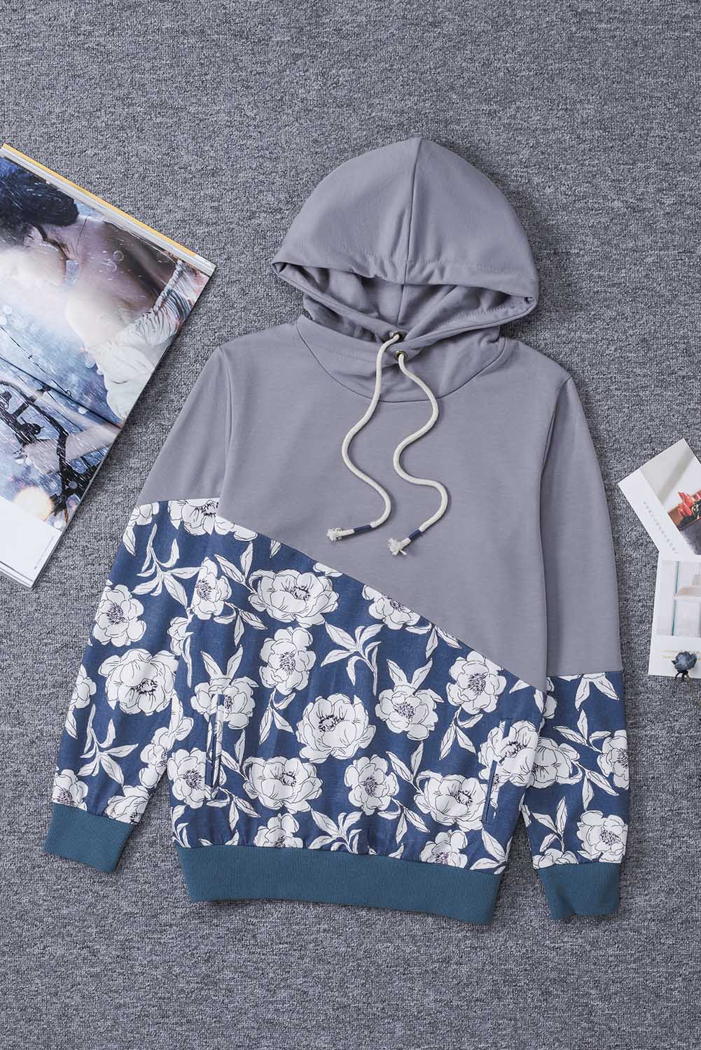 Floral Splicing Cowl Neck Hoodie | Gray