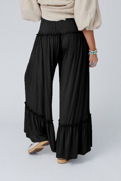 Frilled Drawstring High Waist Wide Leg Pants | Black