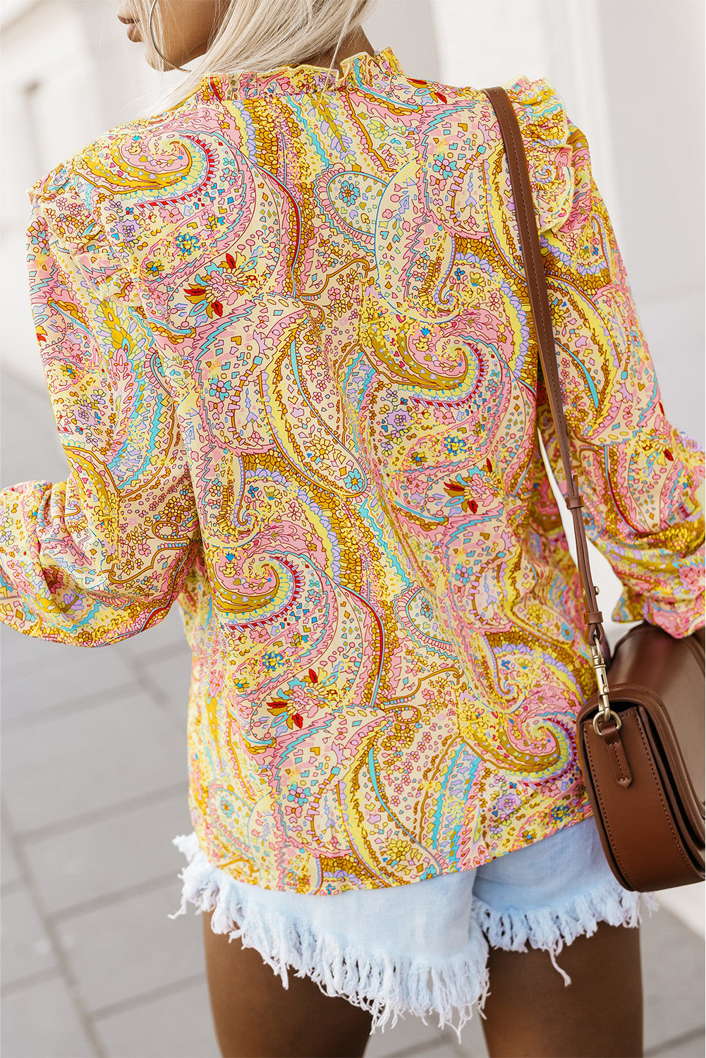 Paisley Print Ruffled Trim Boho Shirt | Yellow