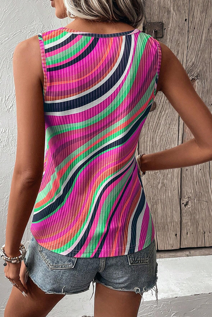 Wavy Striped Buttoned V Neck Tank Top | Purple