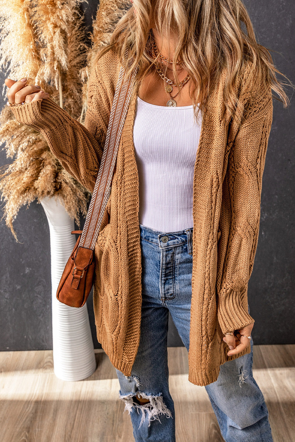 Ribbed Trim Eyelet Cable Knit Cardigan | Khaki