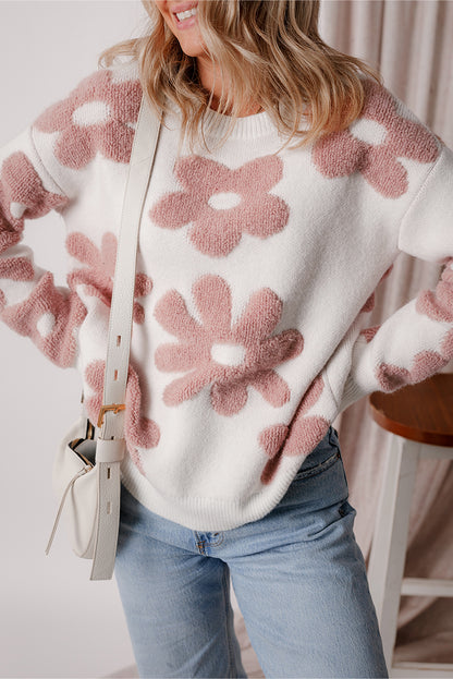 Textured Flower Drop Shoulder Loose Sweater | White