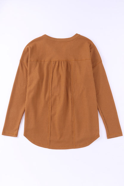 Waffle Knit Half Button Henley Top | Brown