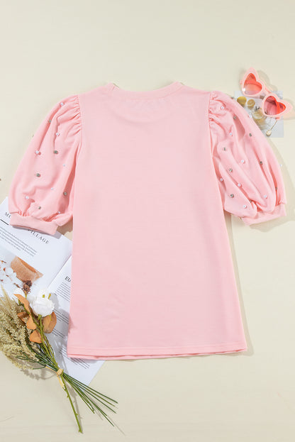 Rhinestone Pearl Puff Half Sleeve Top | Light Pink