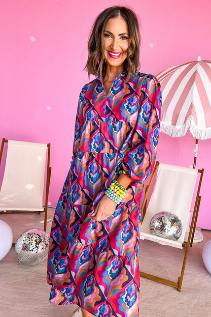 Abstract Geometric Print Long Sleeve High Waist Dress | Multicolour