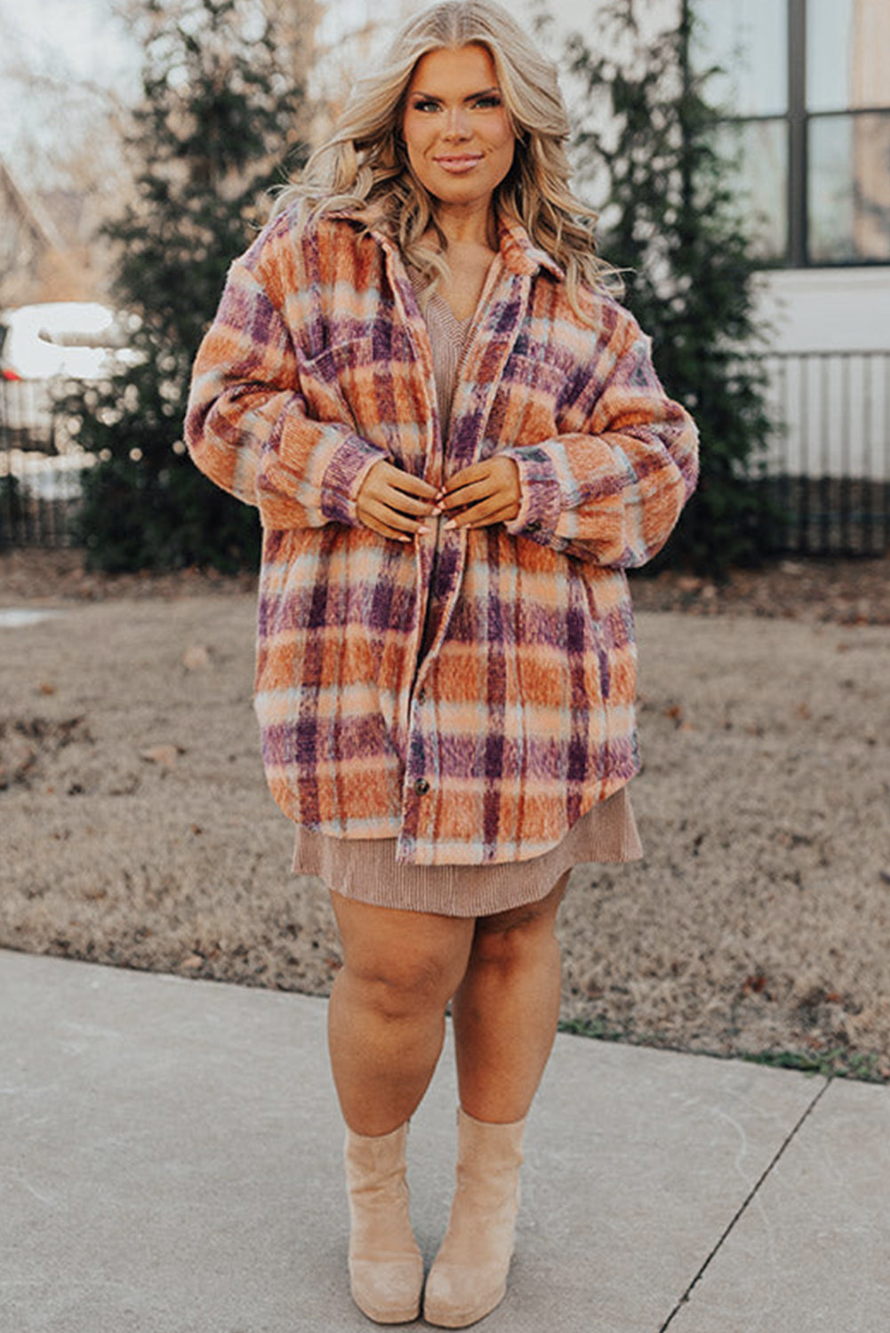 Plus Size Plaid Print Collared Button Up Jacket | Multicolour