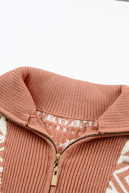 Geometry Knit Quarter Zip Sweater | Pink