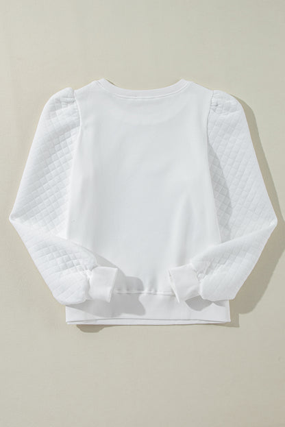 Solid Puff Sleeve Round Neck Pullover Sweatshirt | White