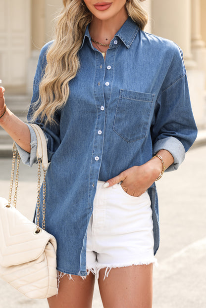 Solid Colour Oversized Patched Pocket Buttoned Shirt | Beau Blue