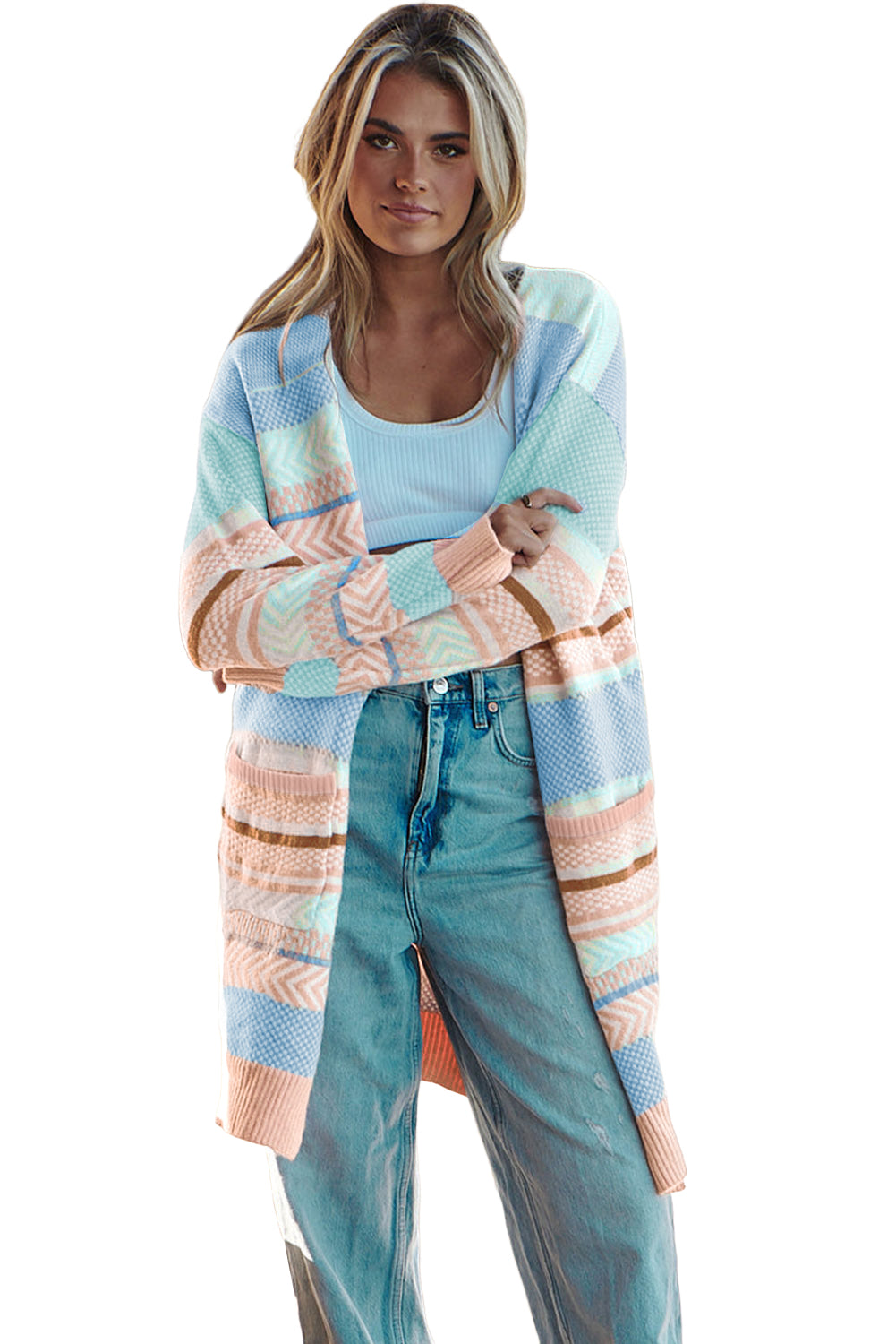 Striped Printed Knitted Open Front Cardigan | Multicolour