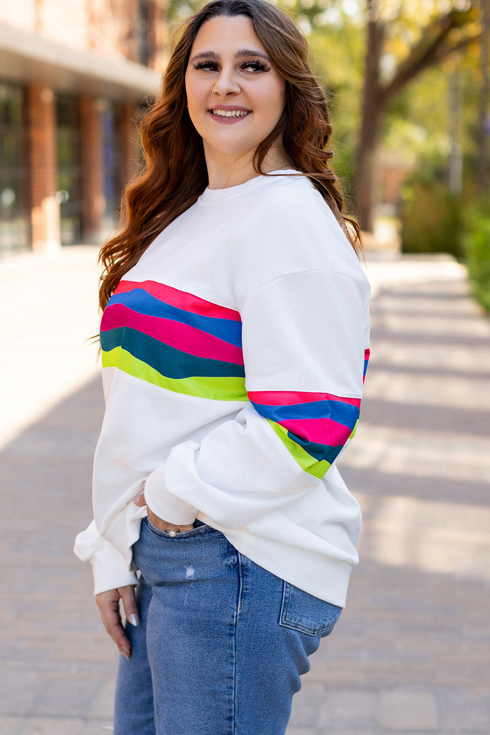 Plus Size Colourful Striped Drop Shoulder Loose Sweatshirt | White