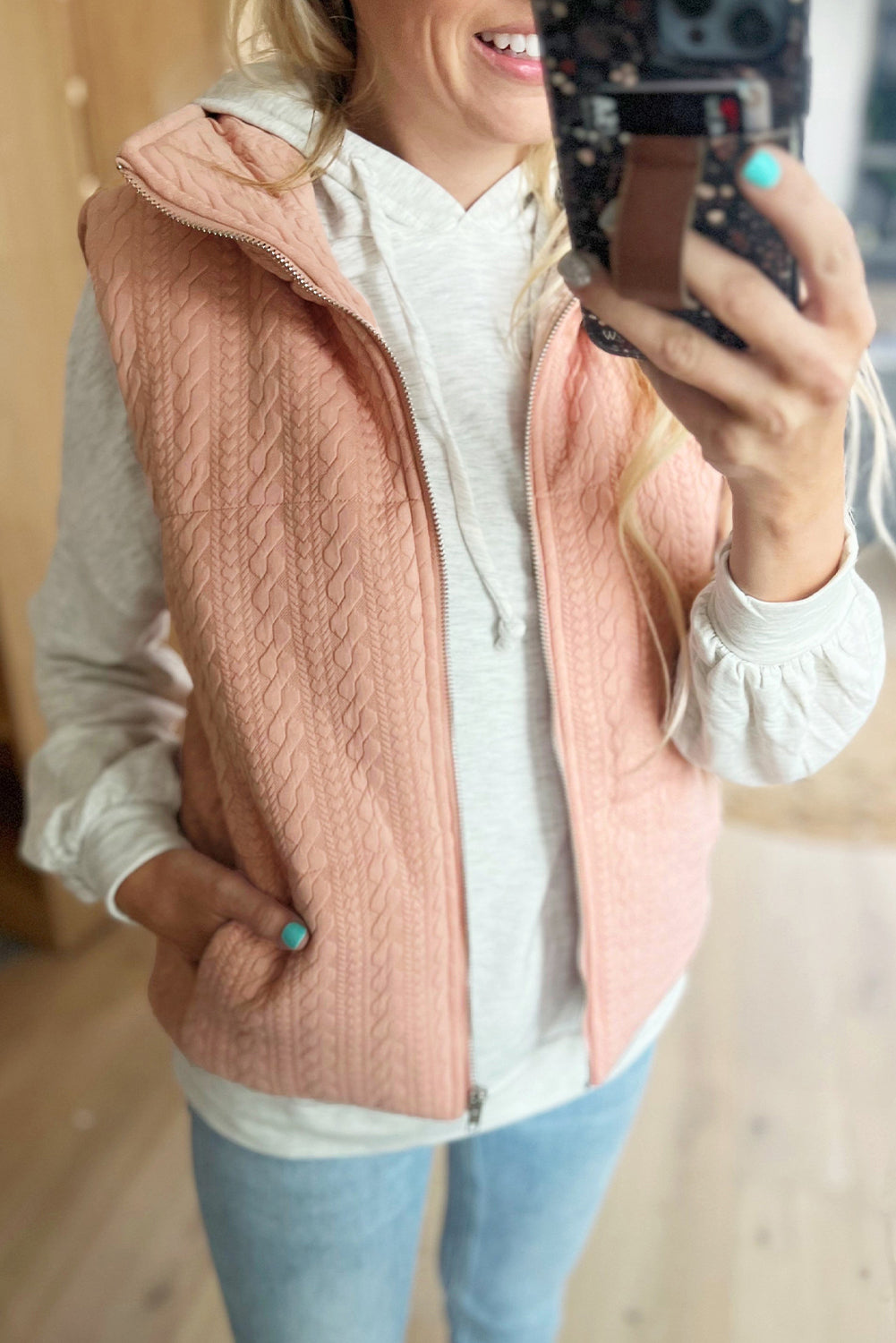 Cable Textured Zip Up Vest Jacket | Pale Chestnut