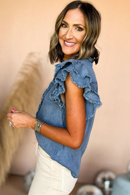 Button Front Ruffled Flutter Frayed Denim Top | Ashleigh Blue