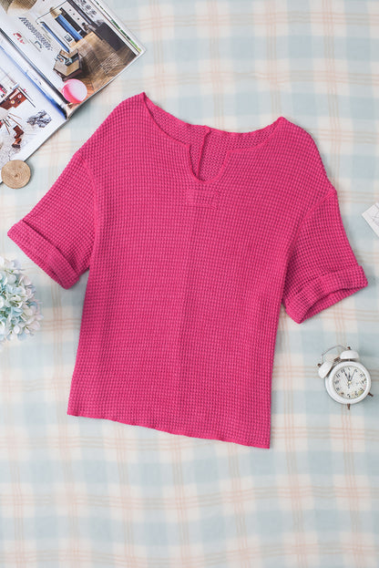 Textured Knit Split Neck Cuffed Short Sleeve Top | Strawberry Pink