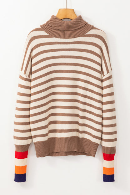 Colourblock Bishop Sleeve Turtleneck Sweater | Brown Stripe