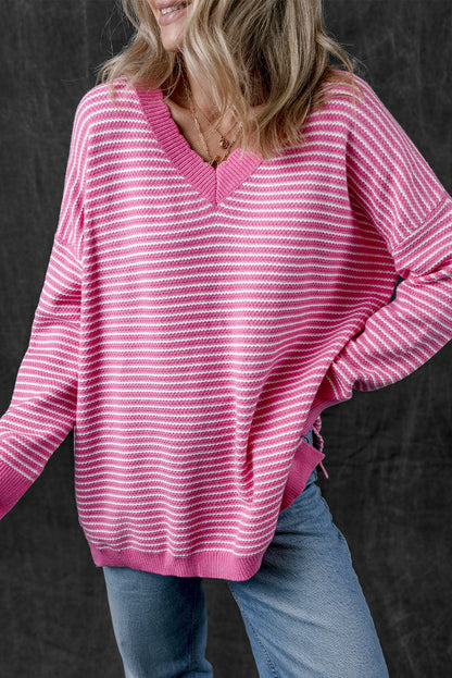 Striped Scallop V Neck Loose Sweater With Slits | Pink