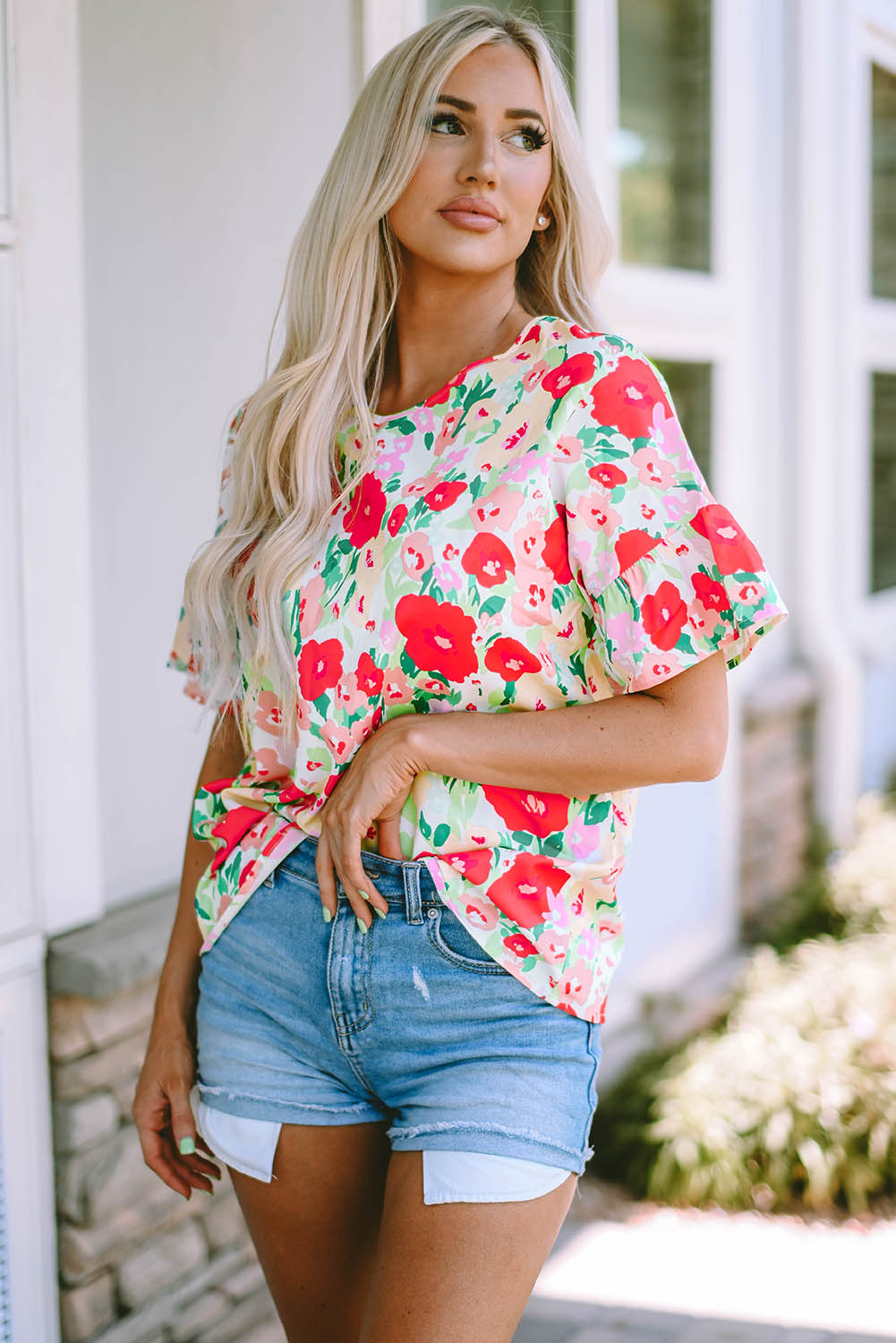 Fiery  Floral Print Ruffled Short Sleeve V Neck Blouse | Red