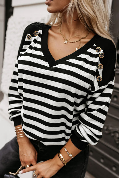 Crochet Hollow-Out Back Buttoned Shoulder V Neck Top | Black Stripe