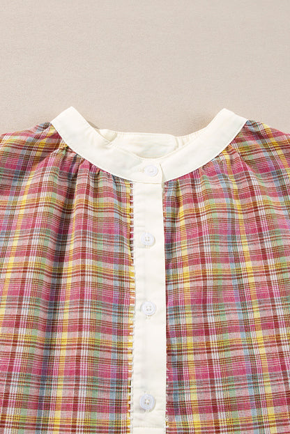 Colourblock Plaid Patchwork Henley Blouse | Pink