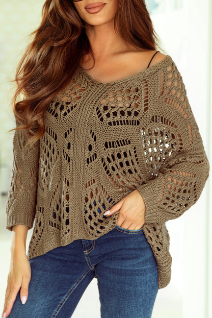 Hollowed Knit V Neck Dolman Sleeve Sweater | Khaki