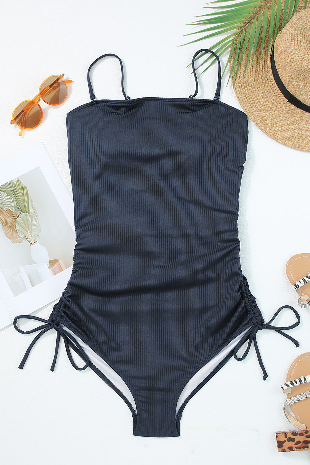 Ribbed Drawstring Sides Cutout One Piece Swimsuit | Navy Blue