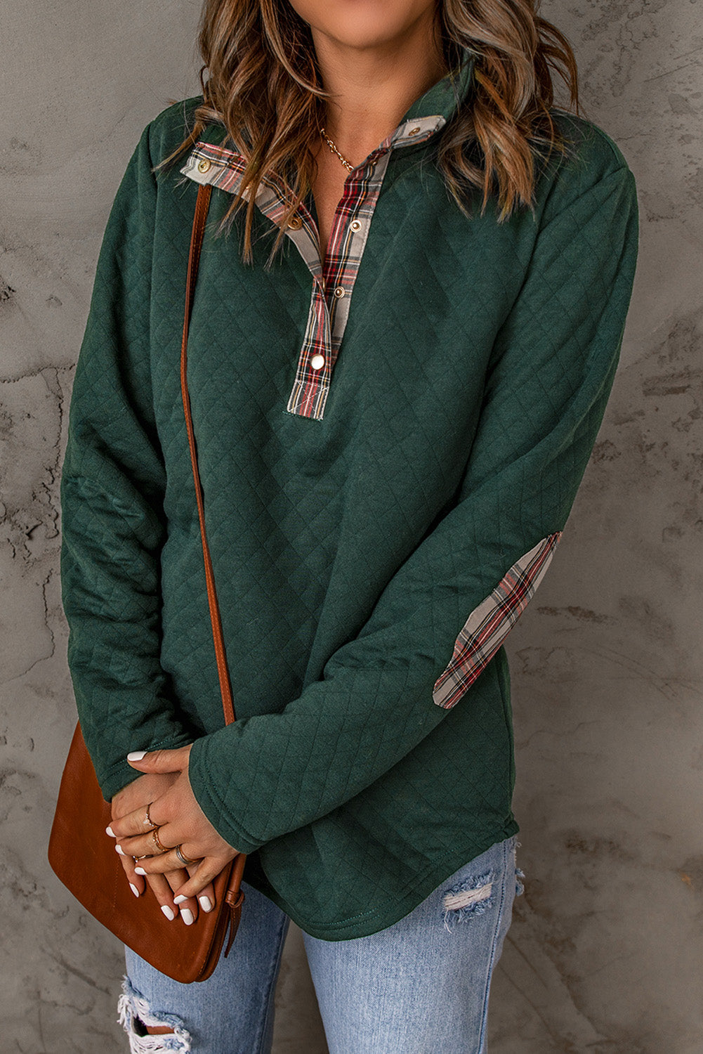 Geometric Texture Plaid Trim Sweatshirt | Green