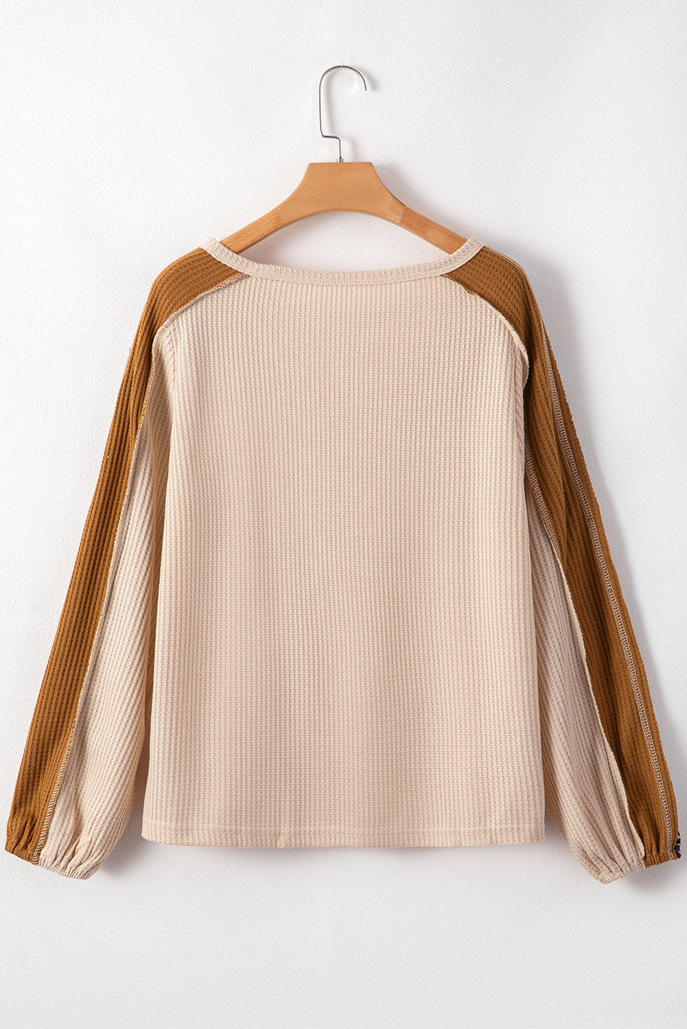 Waffle Leopard Print Colourblock Puff Sleeve Top | Beige