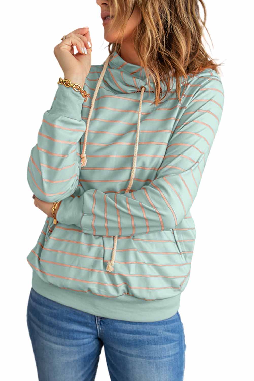 Striped Turtleneck Hoodie With Pocket | Green