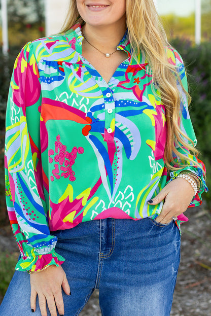 Abstract Printed Flounce Sleeve V Neck Buttoned Plus Size Blouse | Green