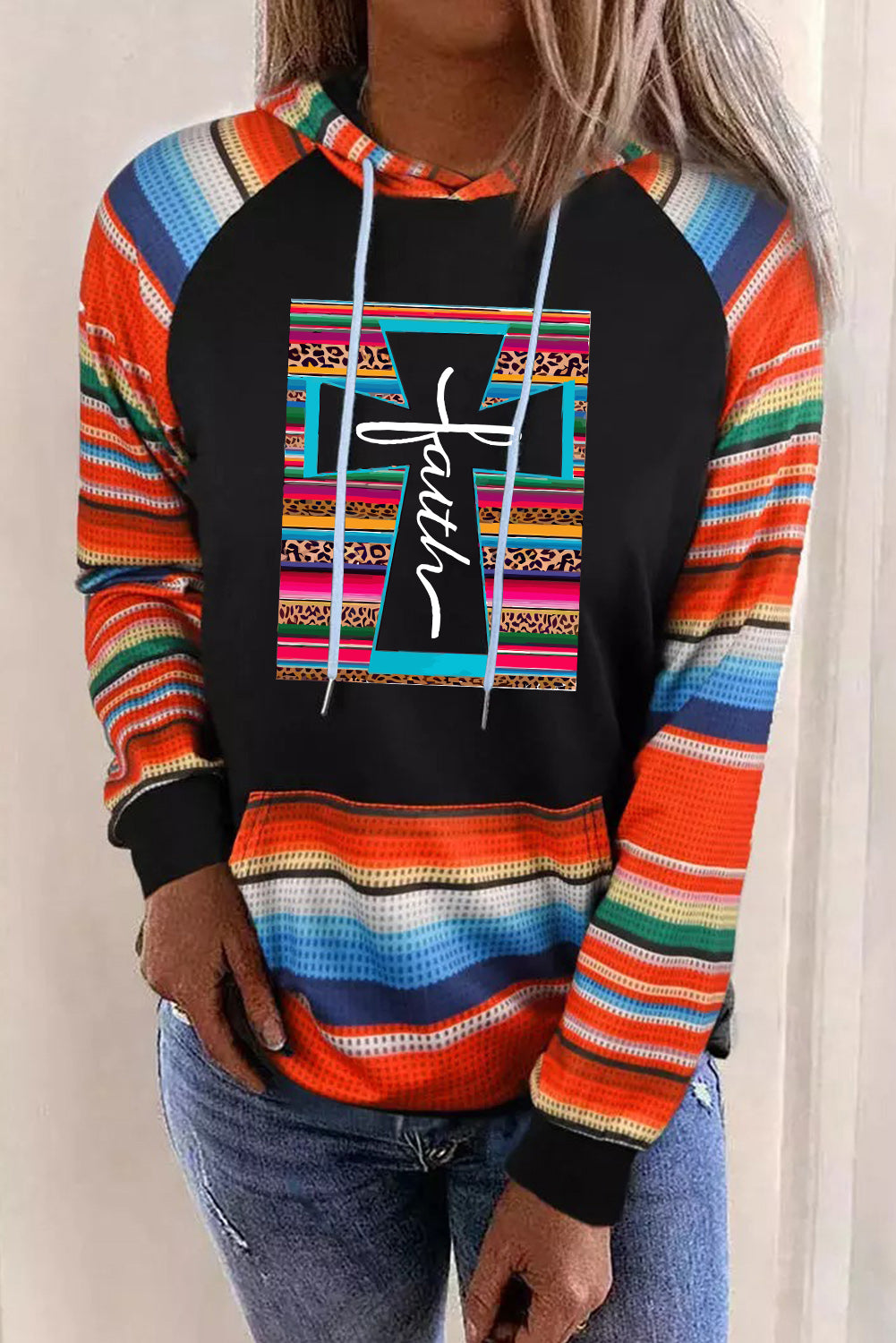 Multicolor Faith Western Serape Striped Patchwork Loose Hoodie