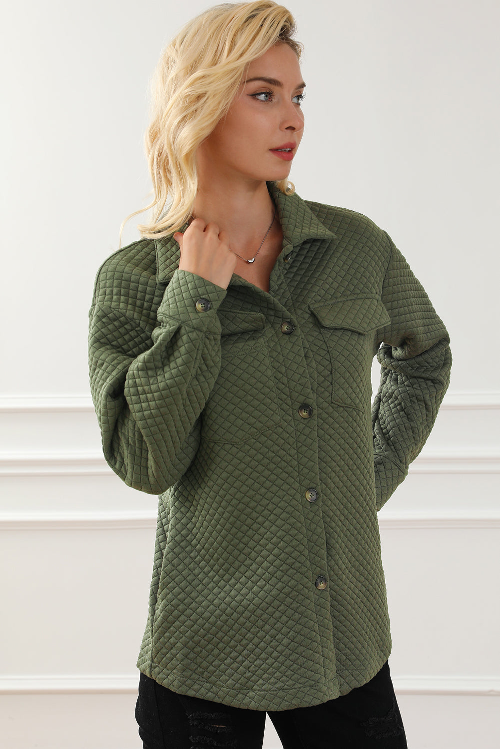 Retro Quilted Flap Pocket Button Shacket | Green