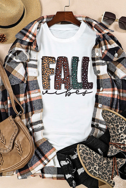 White FALL Vibe Leopard Print Crew Neck T Shirt