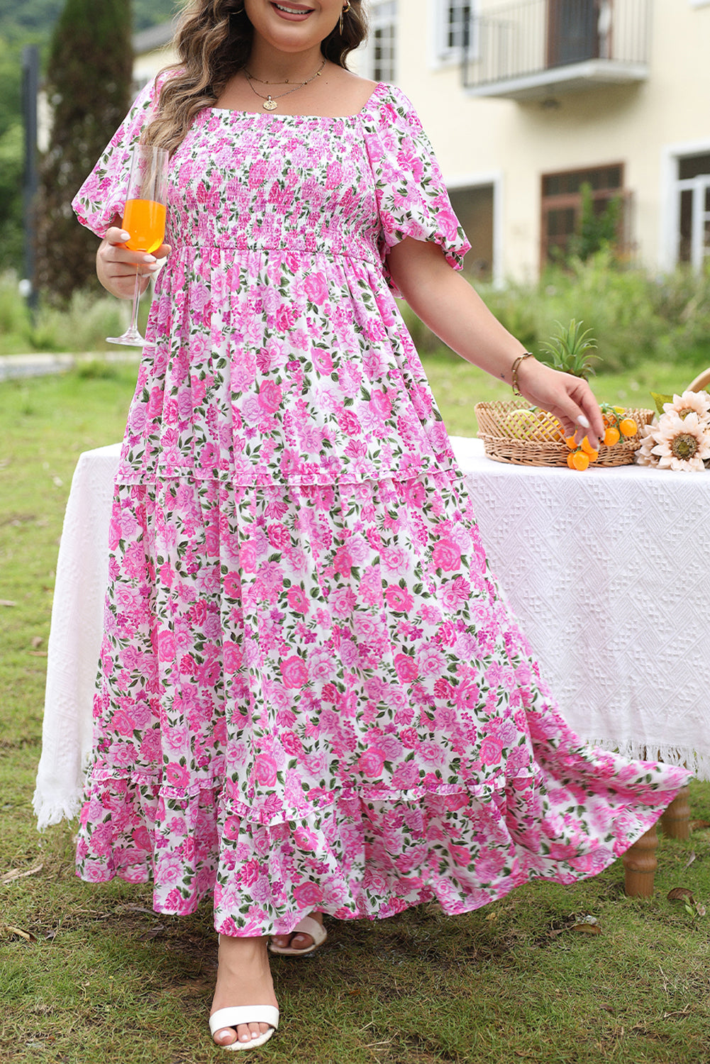 Plus Size Floral Print Smocked Puff Sleeve Dress | Pink