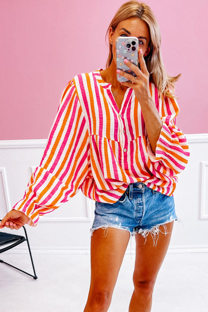 Balloon Sleeve Notched V Neck Buttoned Front Blouse | Orange Stripe