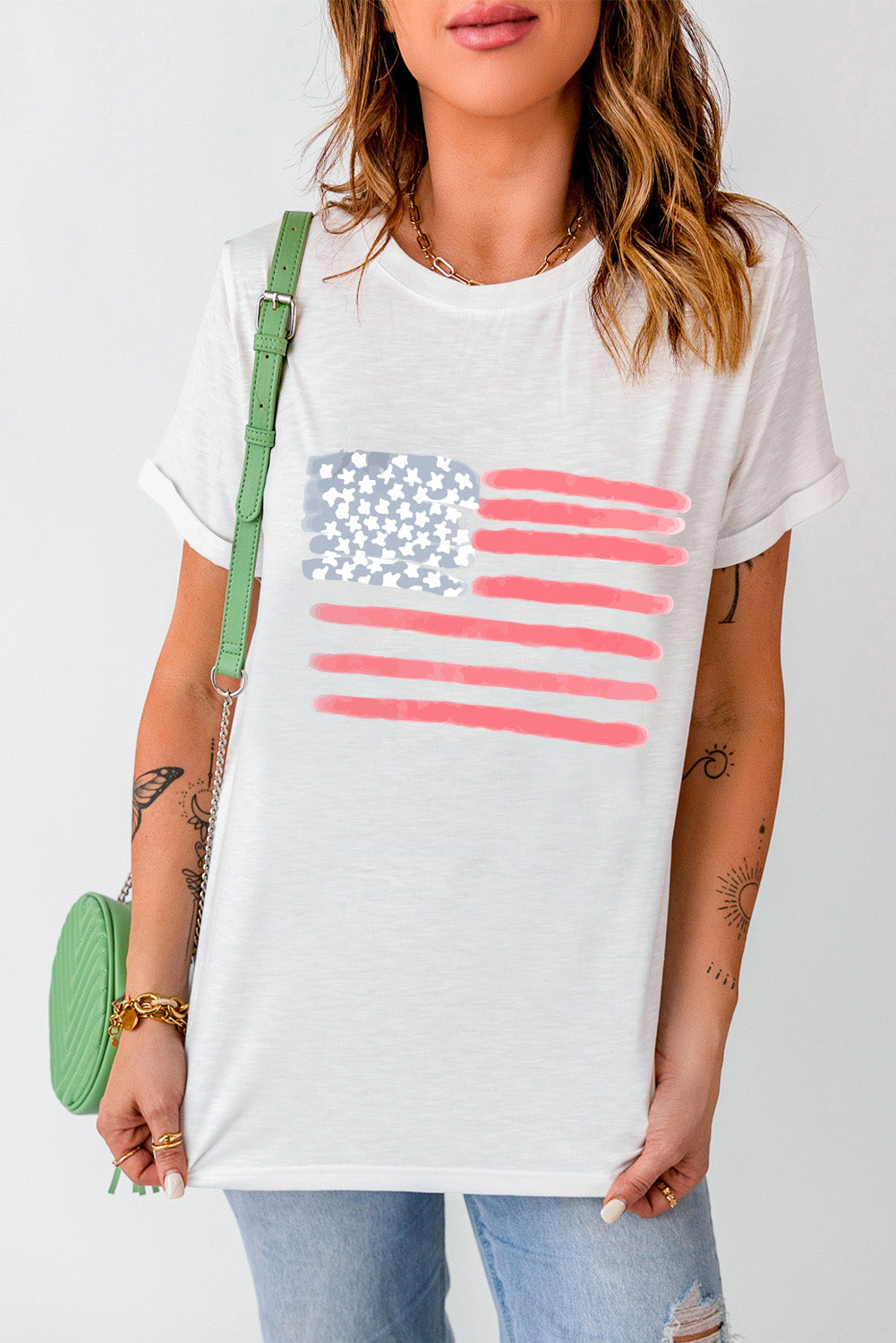 American Flag Pattern Crew Neck Short Sleeve Tee | White