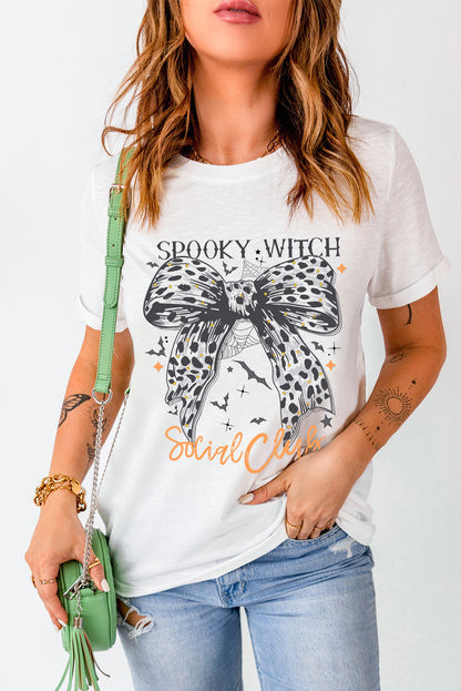 Spooky Witch Leopard Bowknot Bat Graphic Halloween T Shirt | White