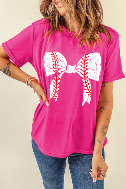 Baseball Bowknot Graphic Casual Tee | Rose Red