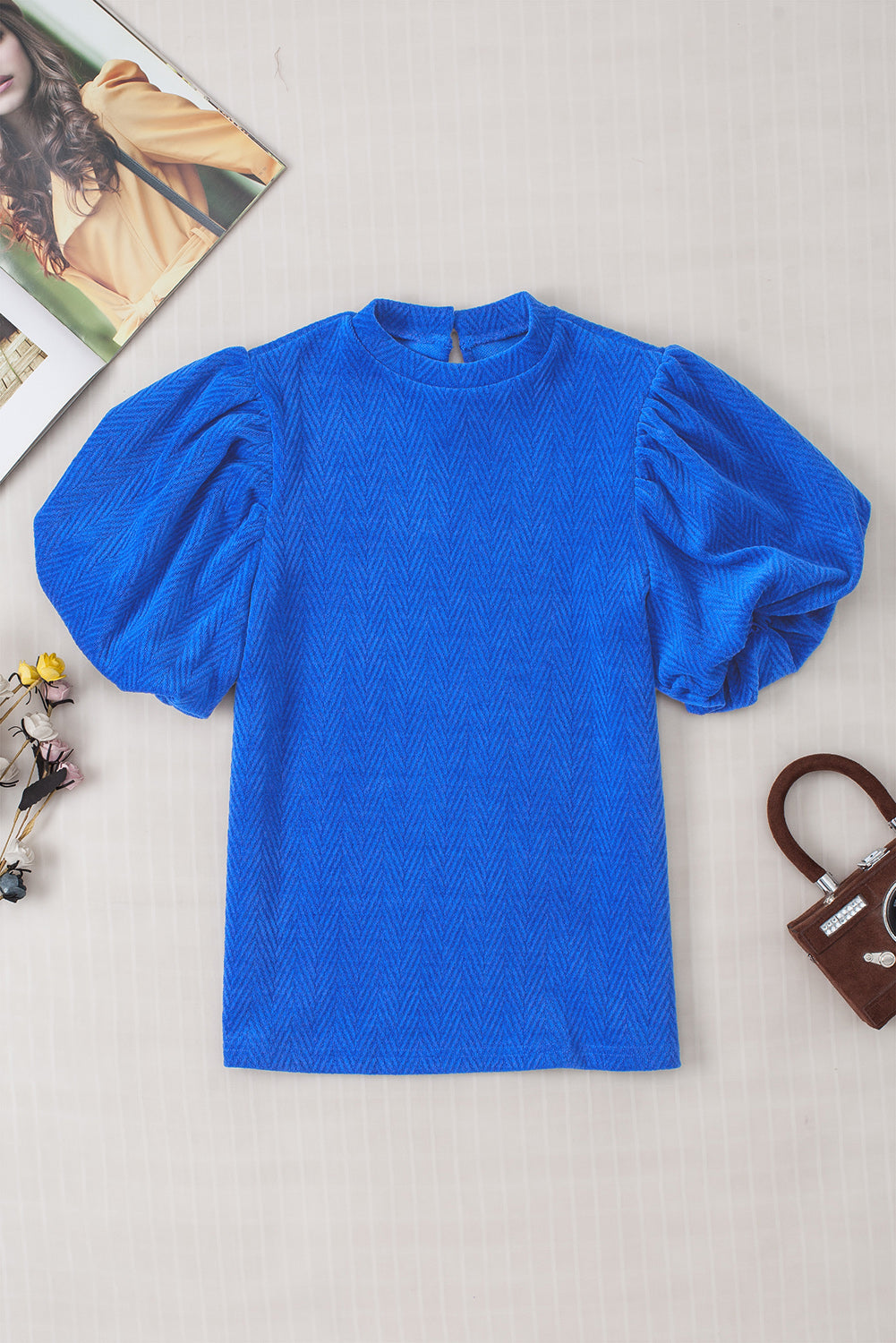 Solid Textured Puff Sleeve Mock Neck Blouse | Sky Blue