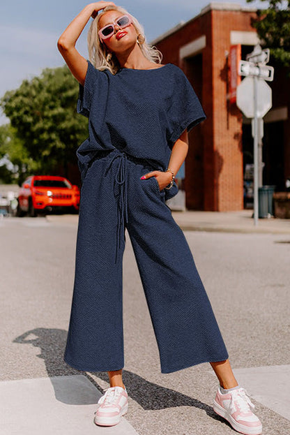 Textured Loose Fit T Shirt And Drawstring Pants Set | Navy Blue