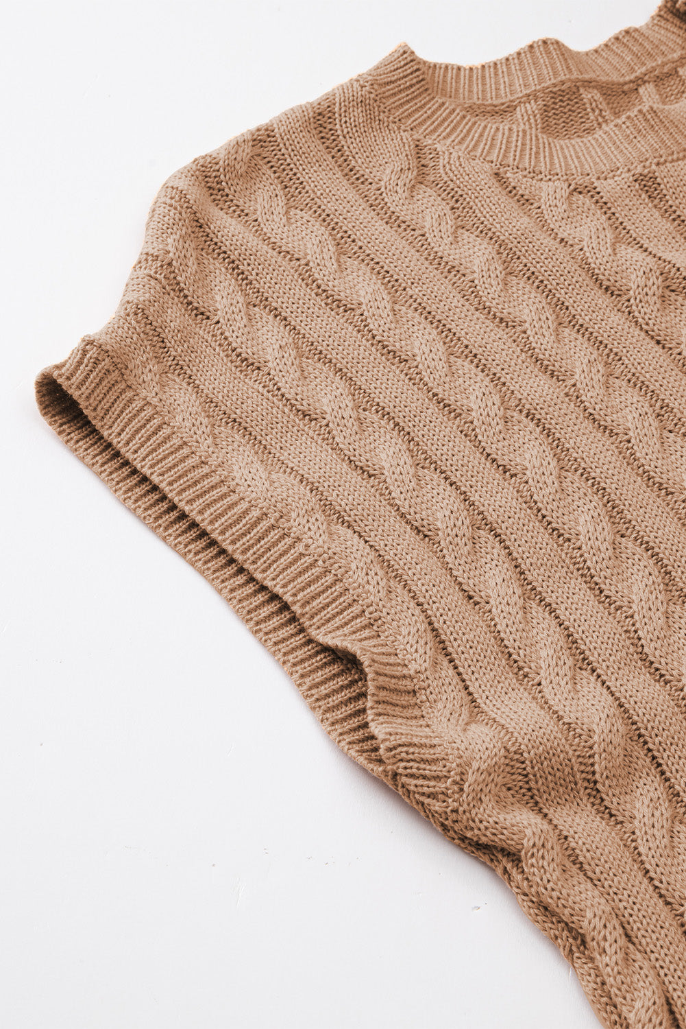 Crew Neck Cable Knit Short Sleeve Sweater | Light French Beige