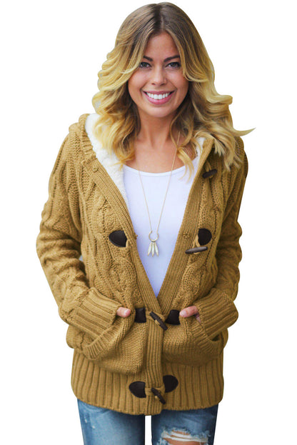 Fur Hood Horn Button Sweater Cardigan | Brown