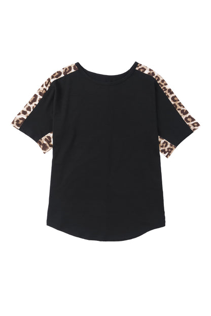 Leopard Splicing O-Neck Short Sleeve T Shirt | Black