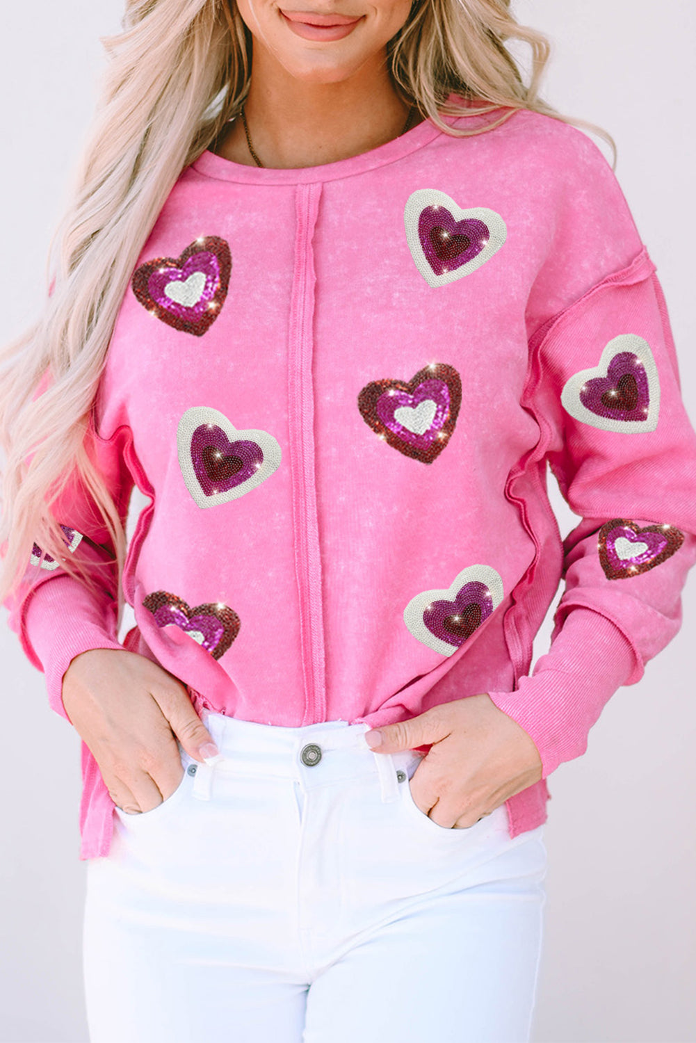 Rose Sequin Heart Shaped Exposed Seam Pullover Sweatshirt