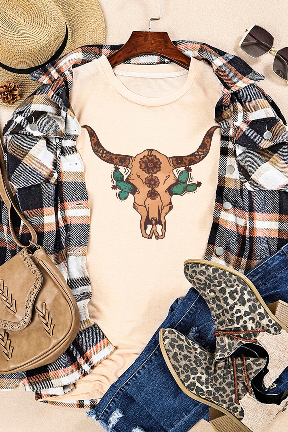 Western Steer Head Graphic T Shirt | Khaki