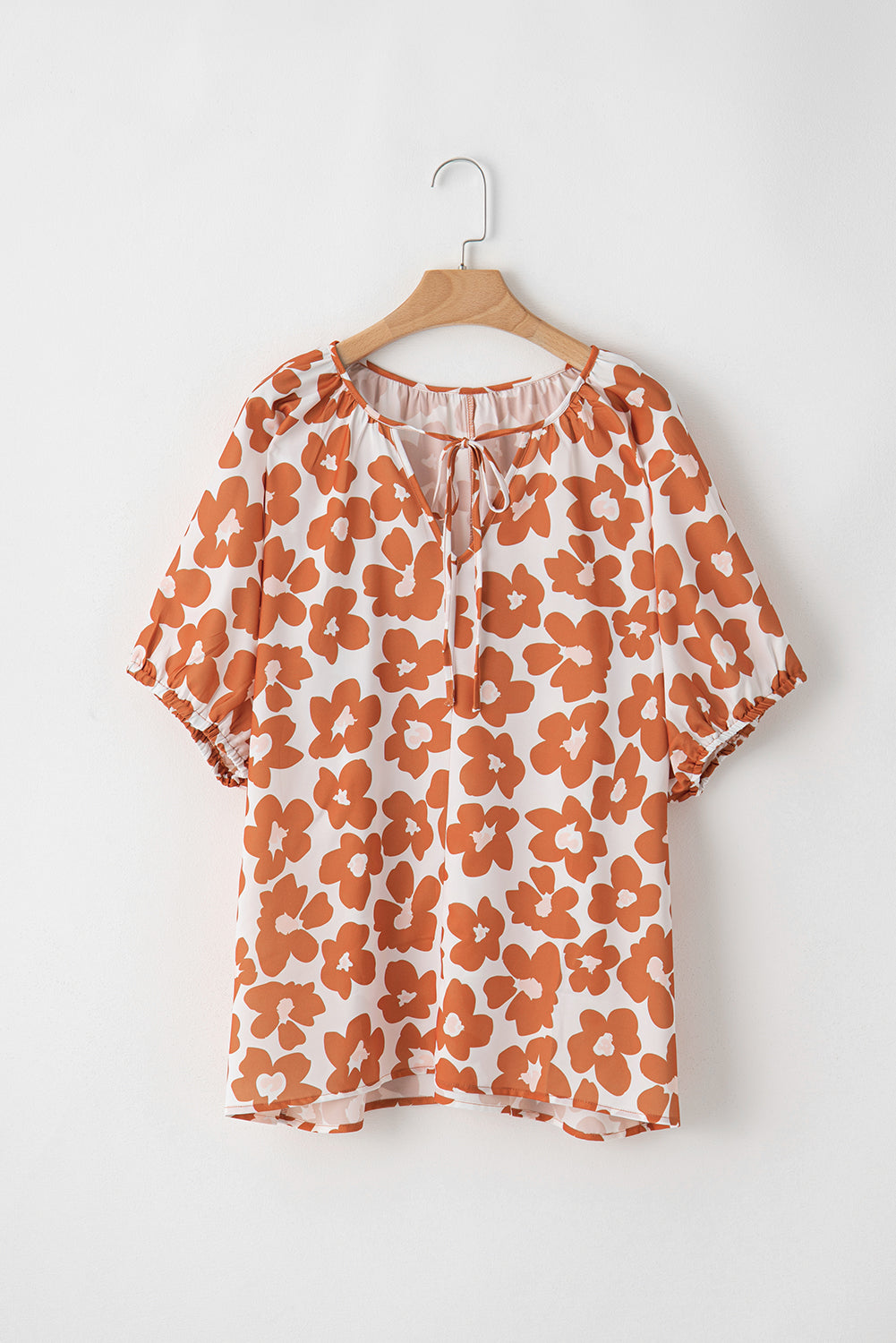 Plus Size Floral Print Drawstring V Neck Short Sleeve Blouse | Orange