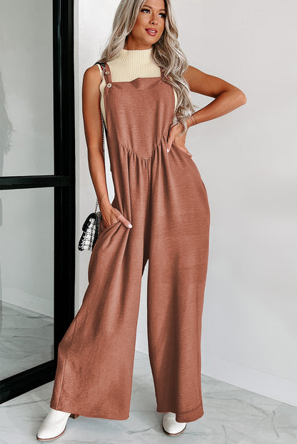 Textured Buttoned Straps Ruched Wide Leg Jumpsuit | Gold Flame