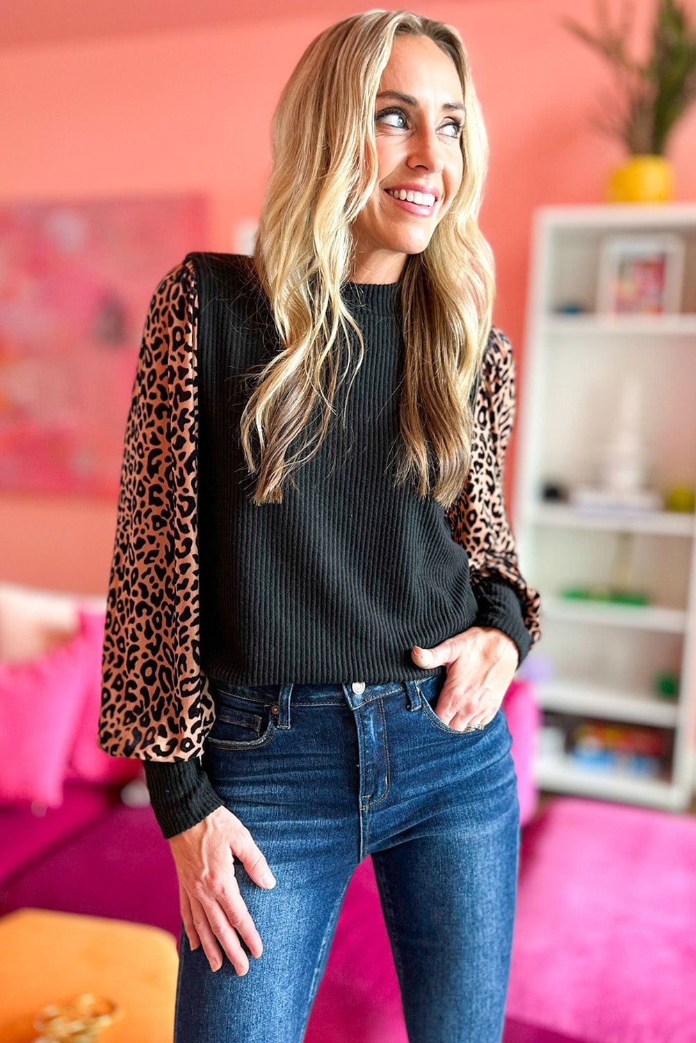 Leopard Print Long Sleeve Ribbed Knit Blouse | Black