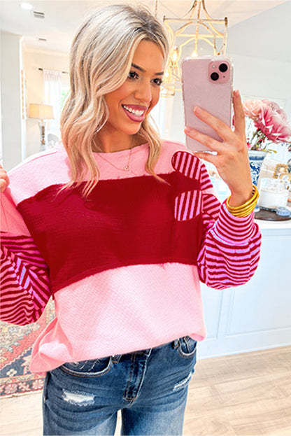 Floral Patch Colour Block Striped Sleeve Textured Top | Pink