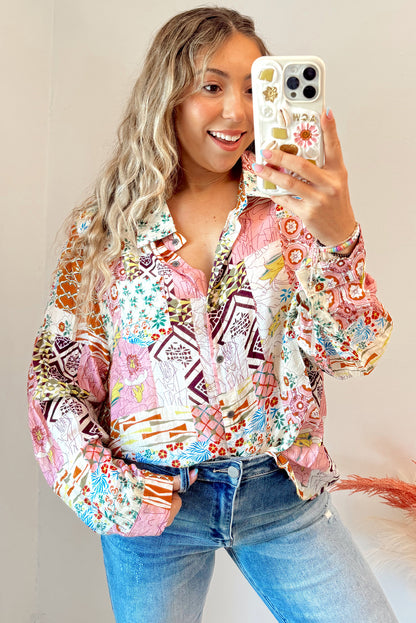 Abstract Colourful Printed Button Down Shirt | Pink